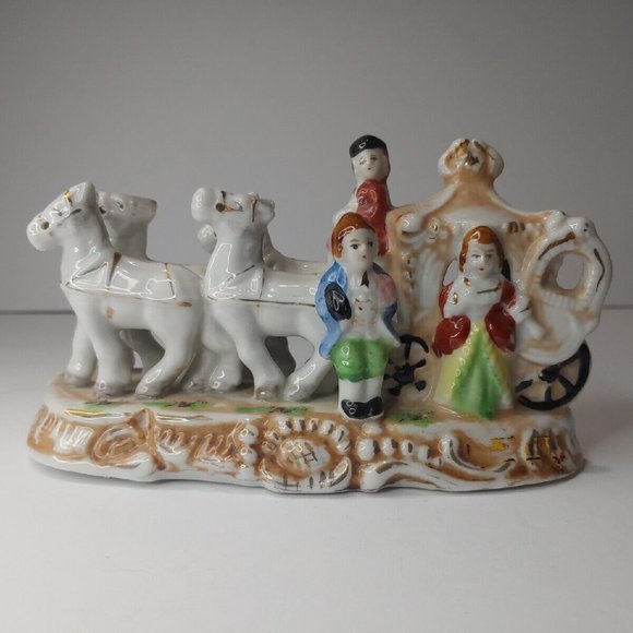 Vintage 7" Japan Hand Painted Porcelain Coach Carriage Statue Horses Figurine - Picture 1 of 12